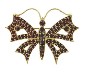 Victorian Bohemian Garnet Butterfly Brooch in Yellow Gold Vermeil Over Sterling Silver