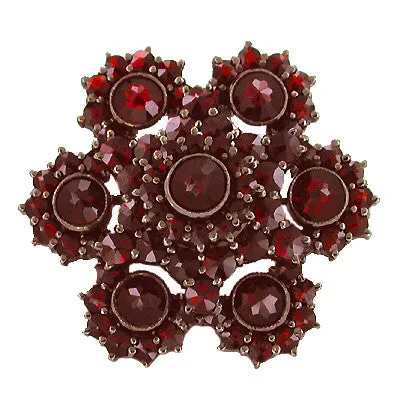 Victorian Bohemian Garnet Floral Brooch with Antique Finish in Sterling Silver