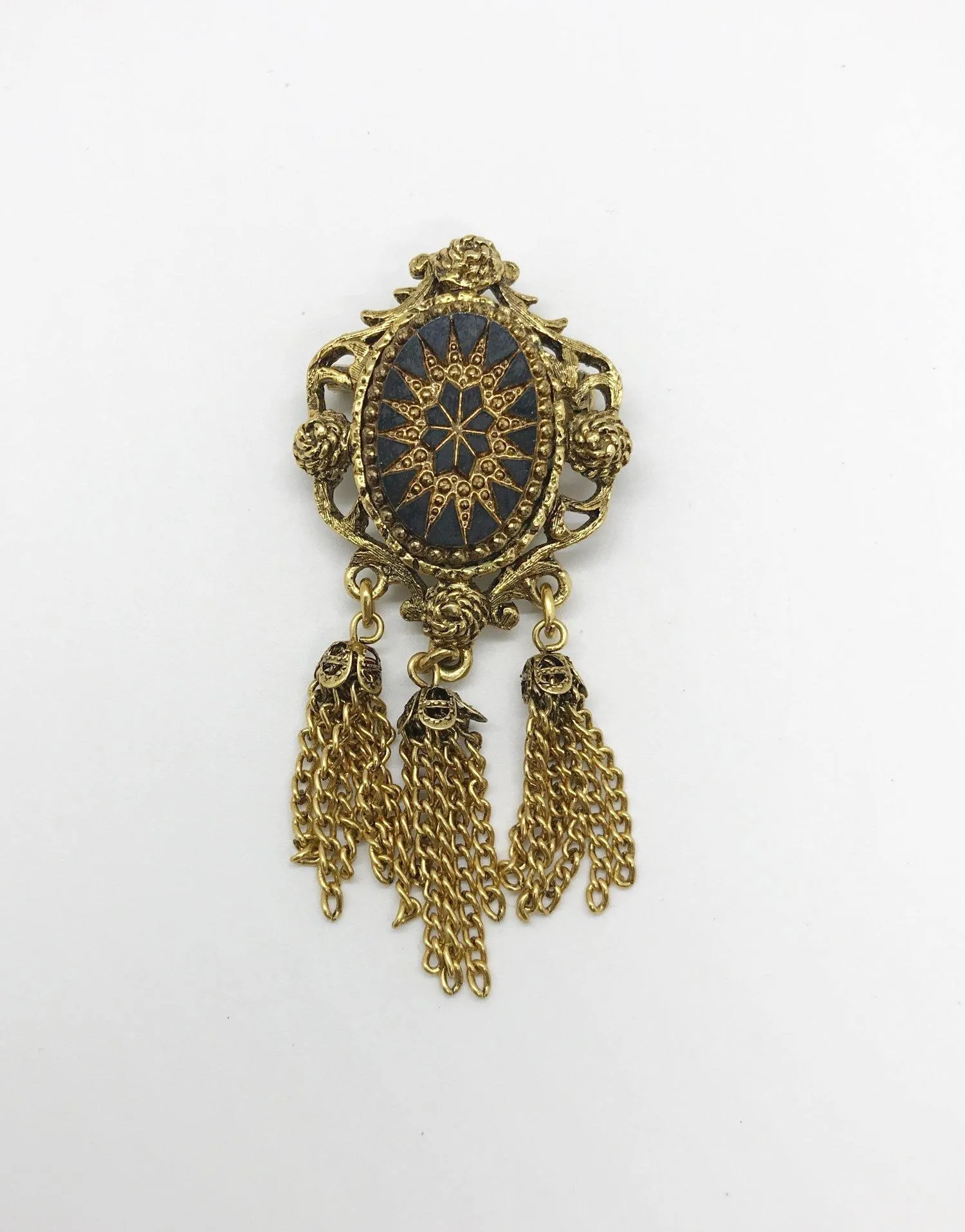 Vintage Black Mosaic and Gold Tassel Brooch/Pendant