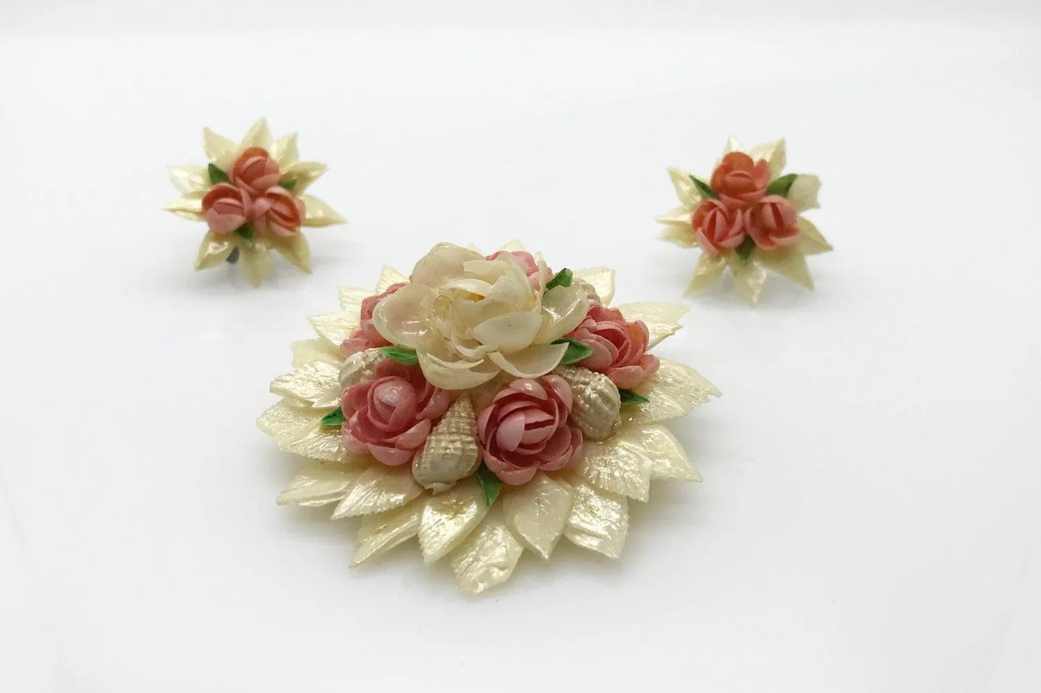 Vintage Carved White and Pink Rose Brooch with Earrings