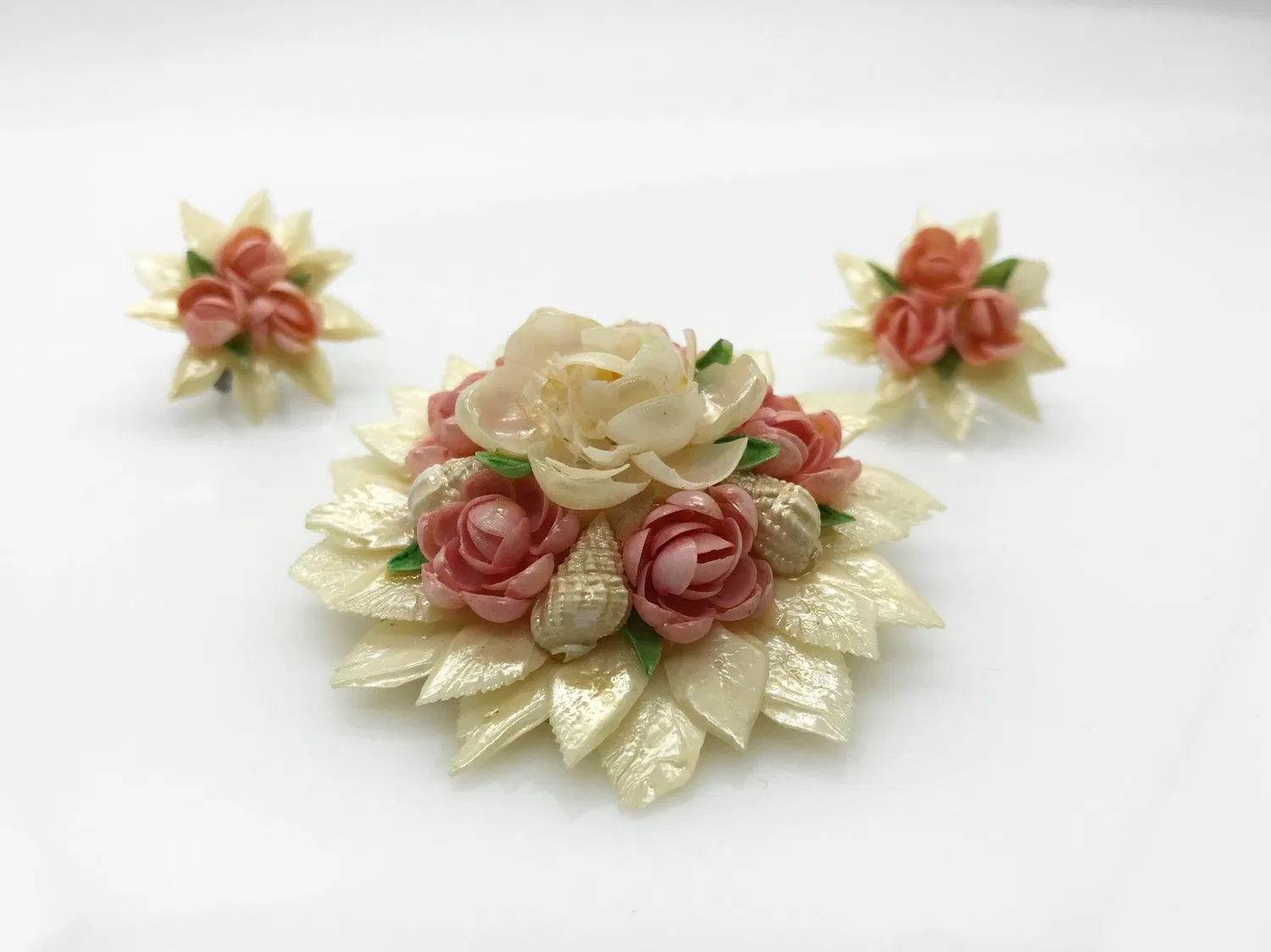 Vintage Carved White and Pink Rose Brooch with Earrings