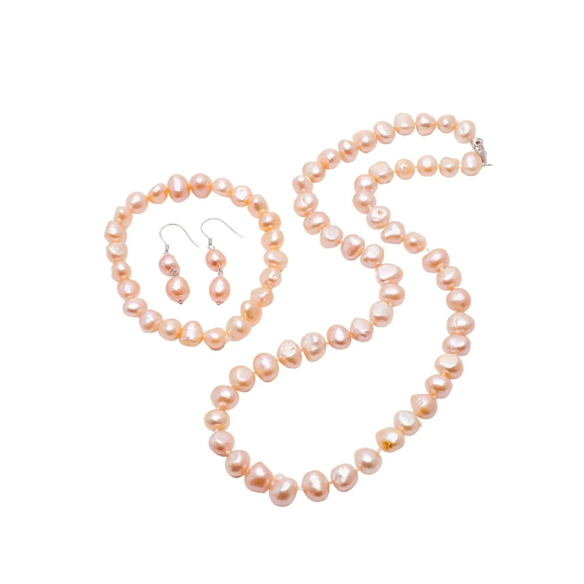 Women's 8mm Baroque Pearl Necklace Bracelet and Earrings Colour: White/Pink