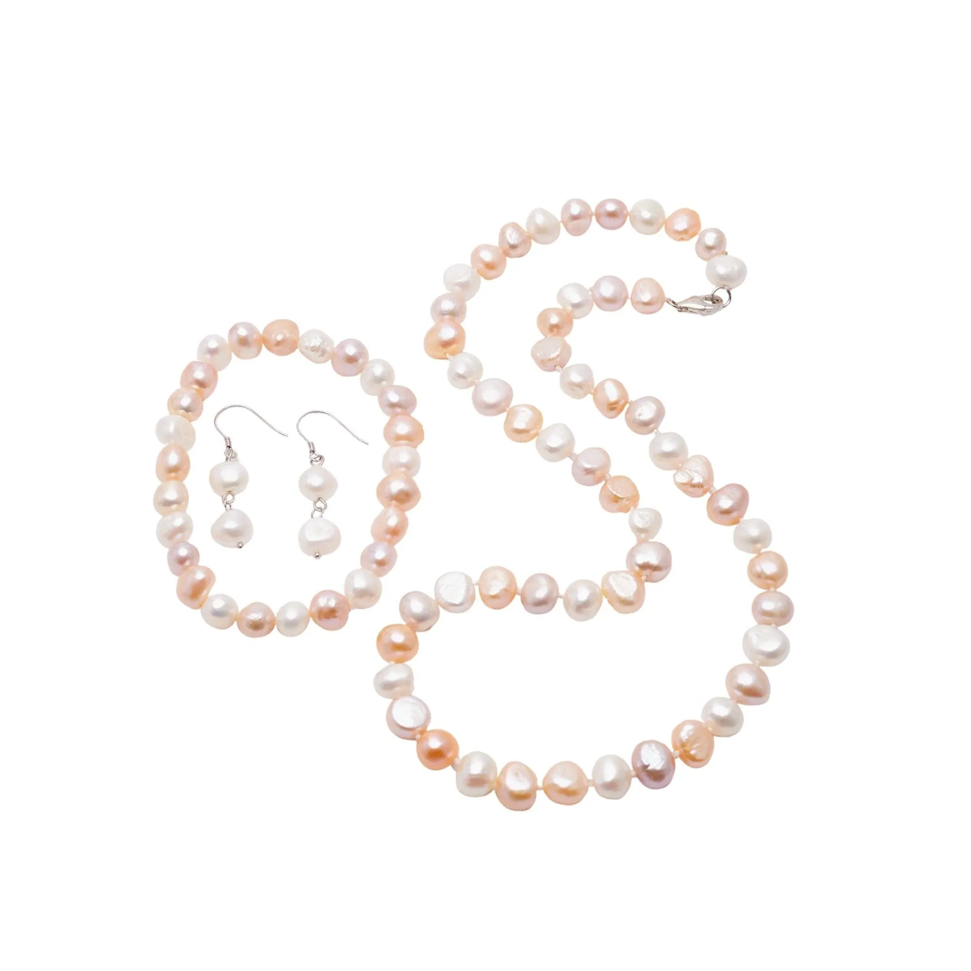 Women's 8mm Baroque Pearl Necklace Bracelet and Earrings Colour: White/Pink