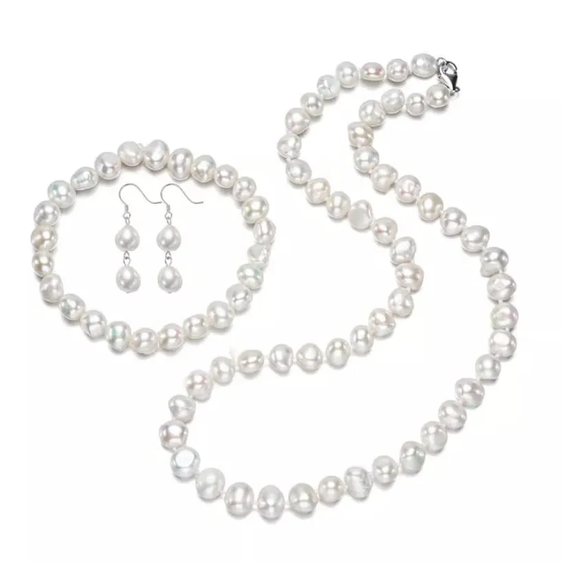 Women's 8mm Baroque Pearl Necklace Bracelet and Earrings Colour: White/Pink