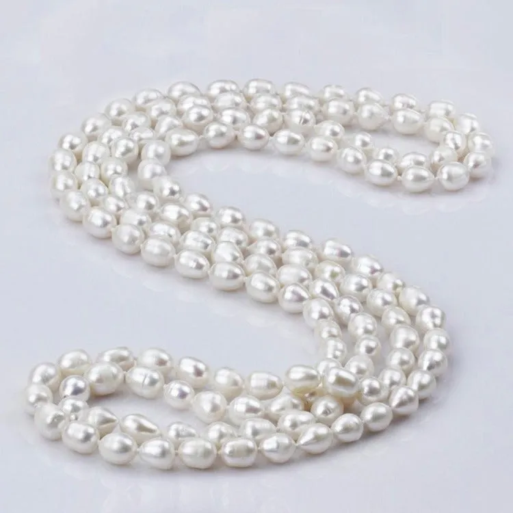 Women's Pearl Rope Necklace 7-8mm White Rice Shape 120cm Long Pearl Necklace