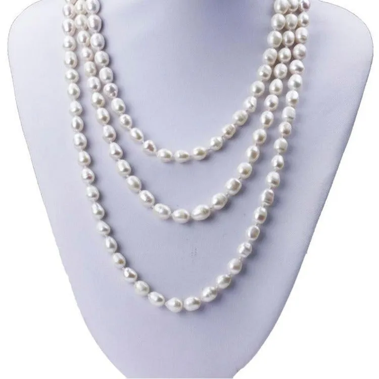 Women's Pearl Rope Necklace 7-8mm White Rice Shape 120cm Long Pearl Necklace